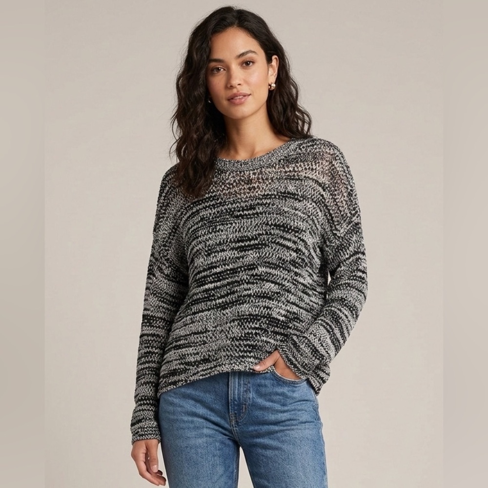 Eileen Fisher Black Grey Crochet Loose Knit Sweater V Neck Classic Chunky‎ Cozy